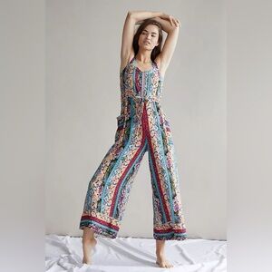 Anthropologie Calais Floral Patchwork Wide Leg Jumpsuit XS Belted Viscose Pocket